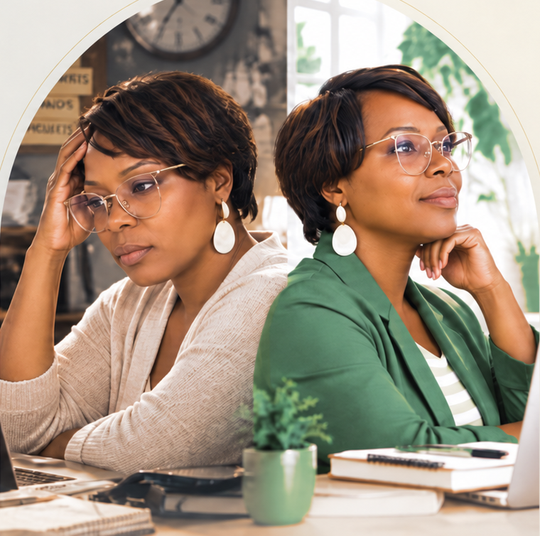 The same Black woman shown twice, back to back. On the left she rests her head in her hand, tense and overloaded, in a cluttered space with sticky notes for to-dos, bills, appointments, errands and projects. On the right she rests her chin on her hand, calm and reflective, in a brighter, more organized space.